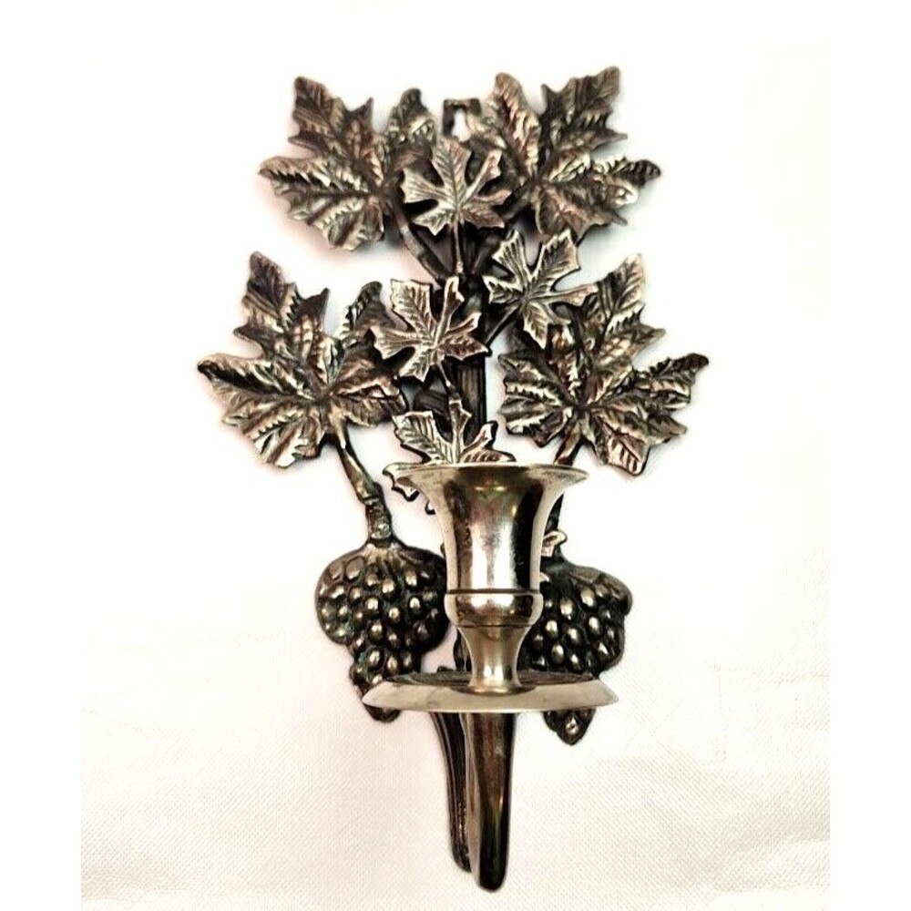 Solid Brass Metal Wall Mount Candle Holder Sconce Silver-Tone Grapes~Leaves